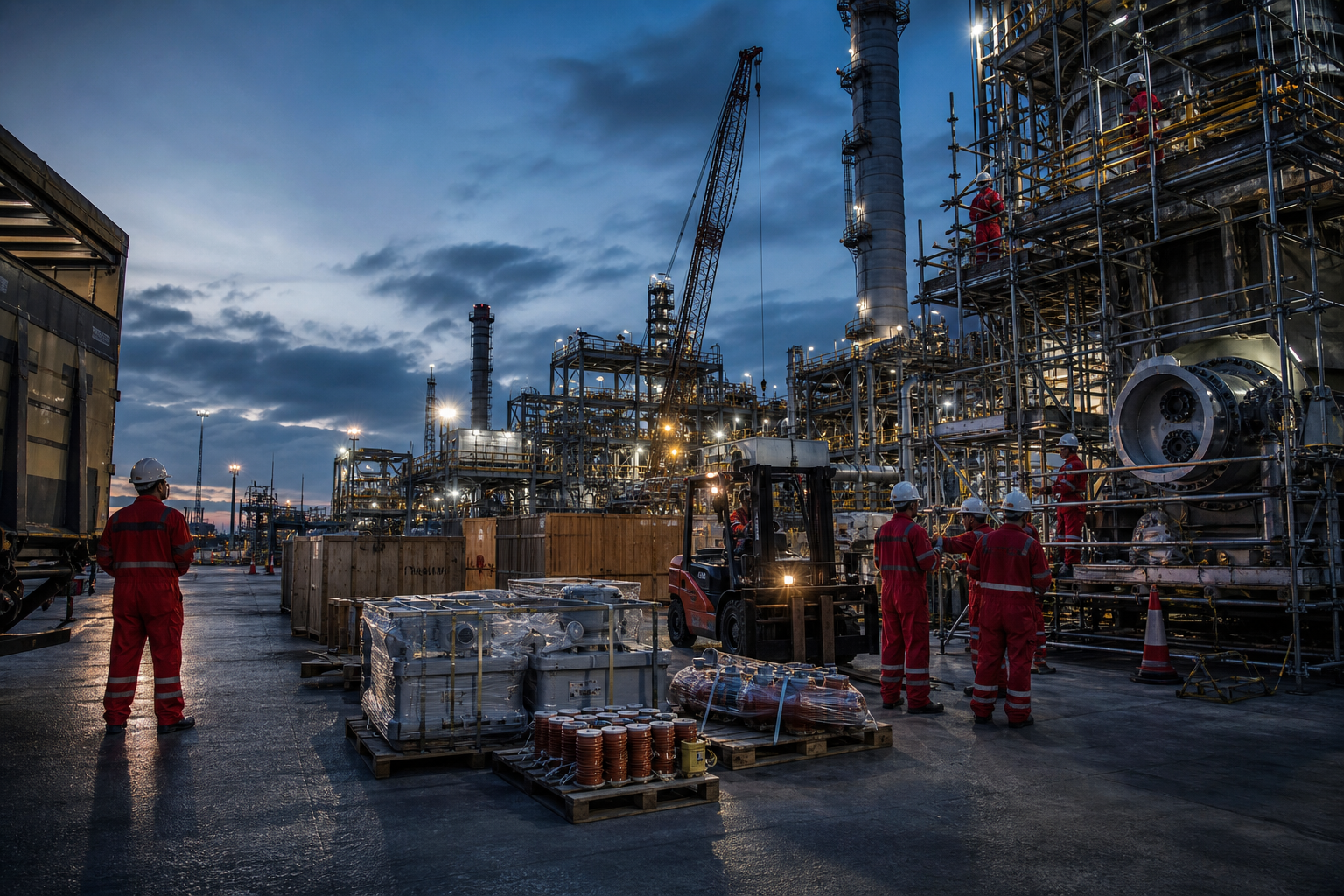 Photorealistic shutdown turnaround scene with coordinated manpower, material supply staging, and heavy industrial maintenance operations