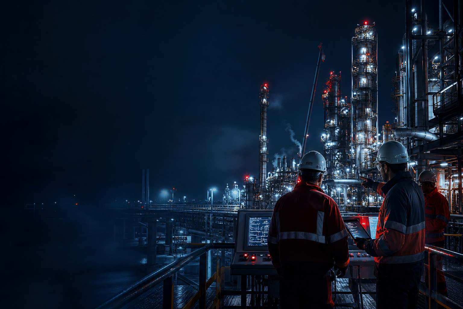 Night-shift shutdown coordination at an industrial plant with engineers monitoring turnaround activities