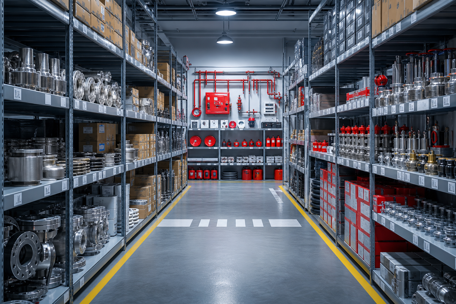 Organized industrial warehouse with valves, pipeline components, control fittings, and maintenance materials stored on labeled racks