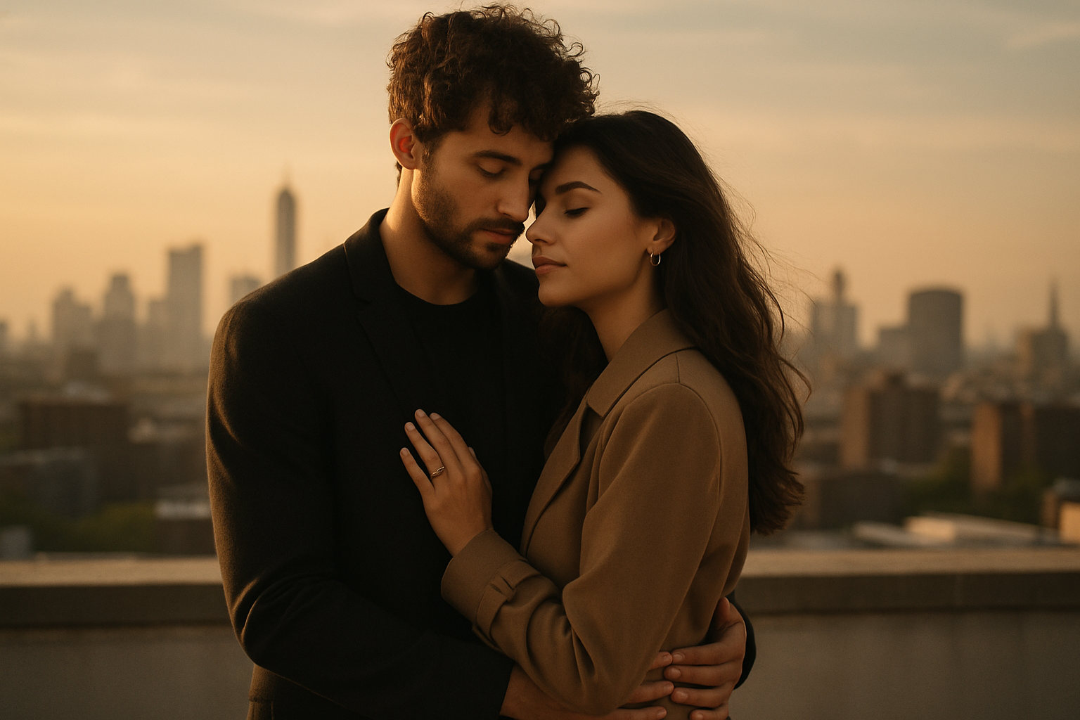 Couple embracing on a rooftop with soft skyline light