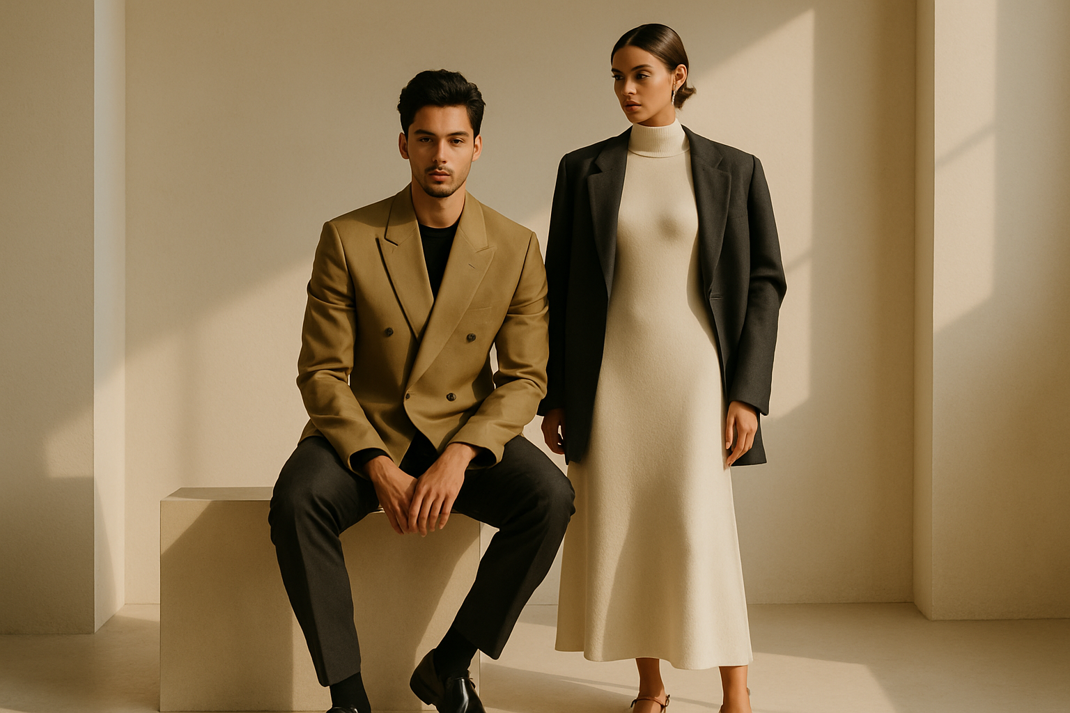 Stylish couple in a minimalist studio with warm light