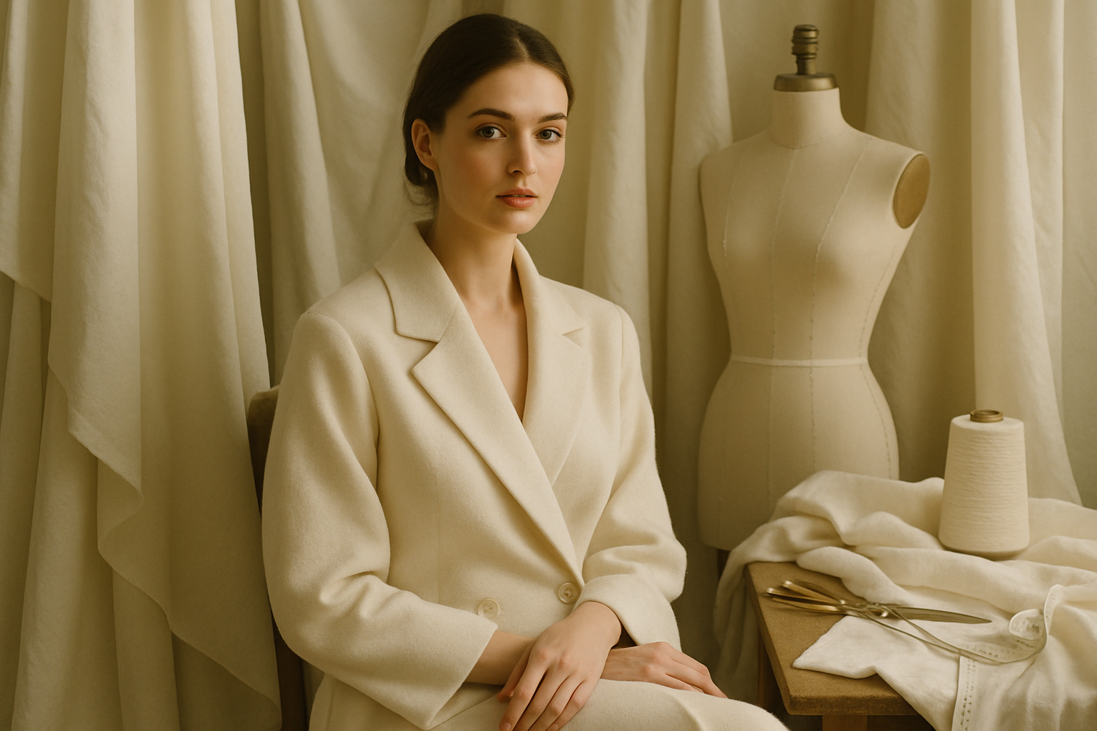 Model in an atelier surrounded by draped textiles