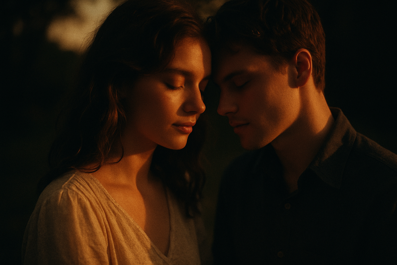 Cinematic film frame of a couple in soft evening light