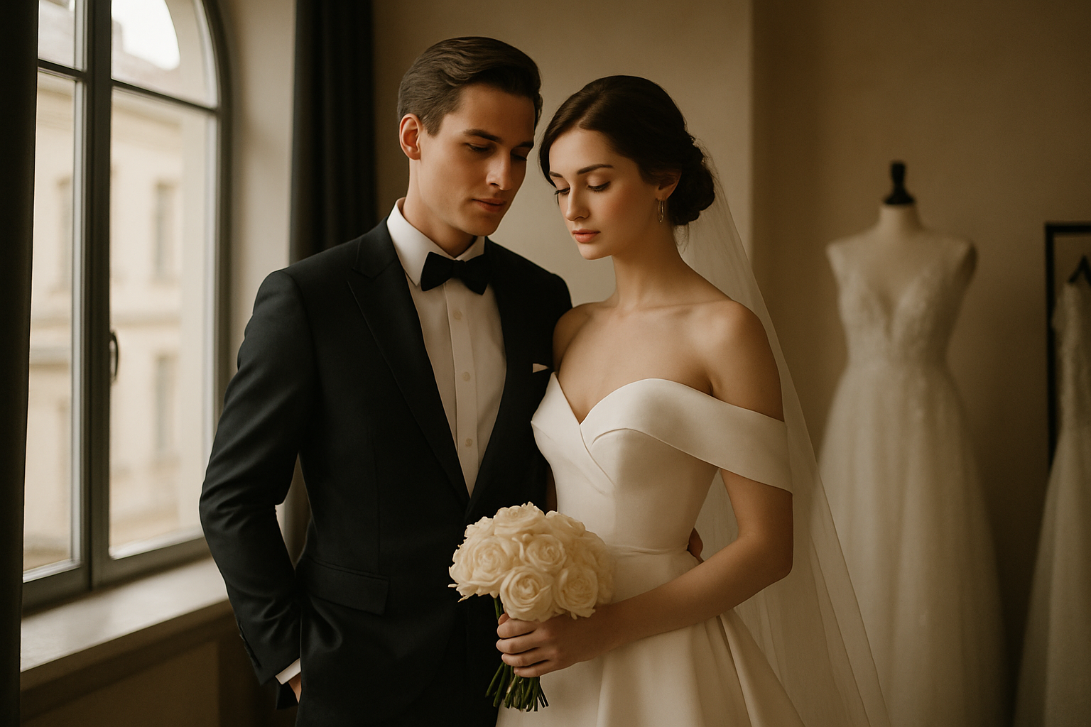 Elegant bride and groom in a softly lit Kyiv atelier, captured in a quiet editorial moment