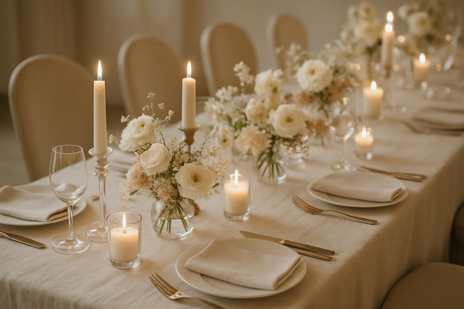 Elegant reception table with candles and floral details