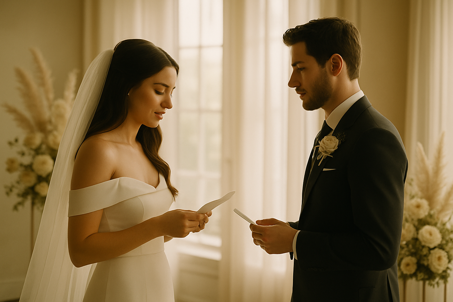 Bride and groom sharing vows in a softly lit ceremony