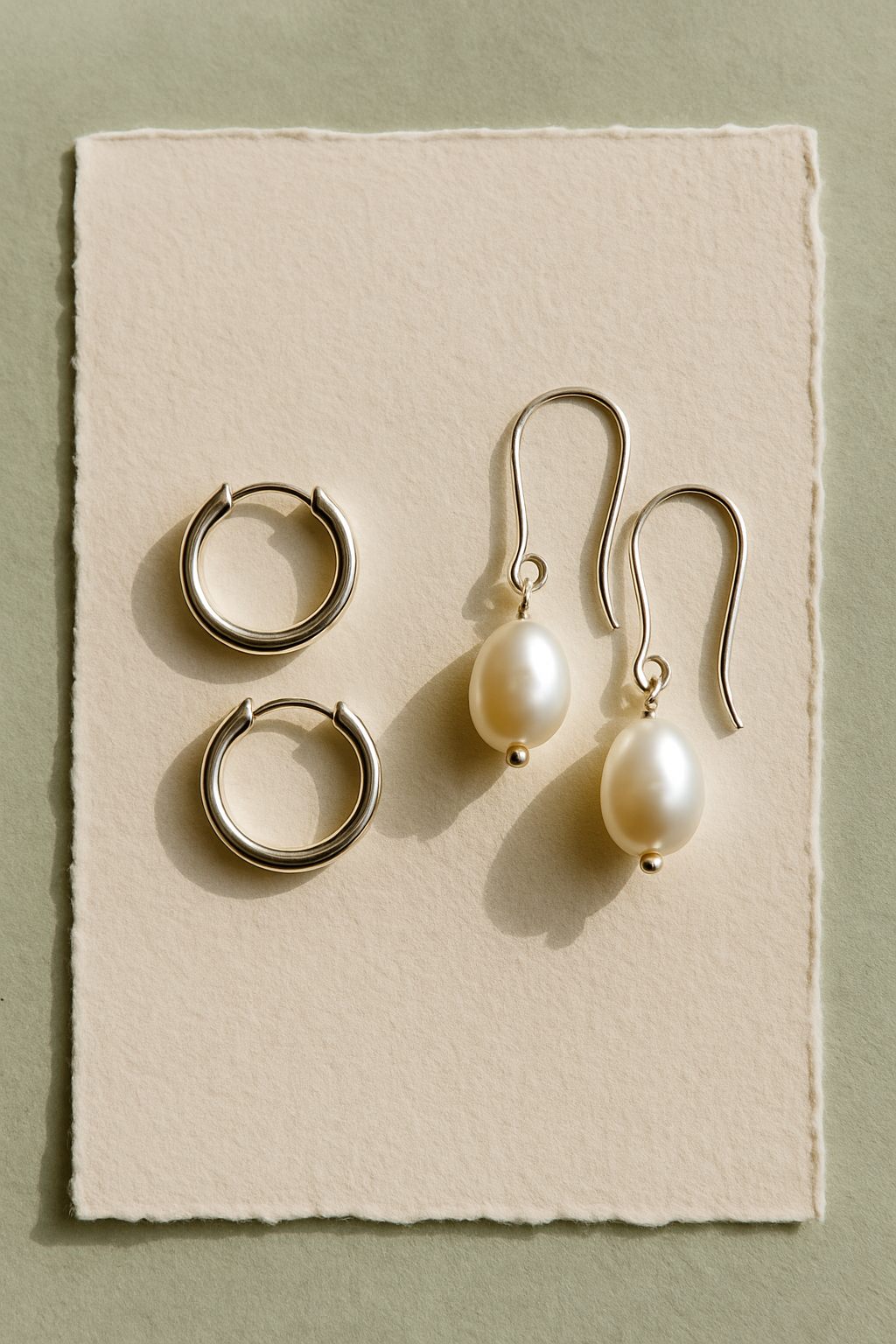 Pair of small silver hoop earrings and pearl drop earrings displayed on cream textured paper