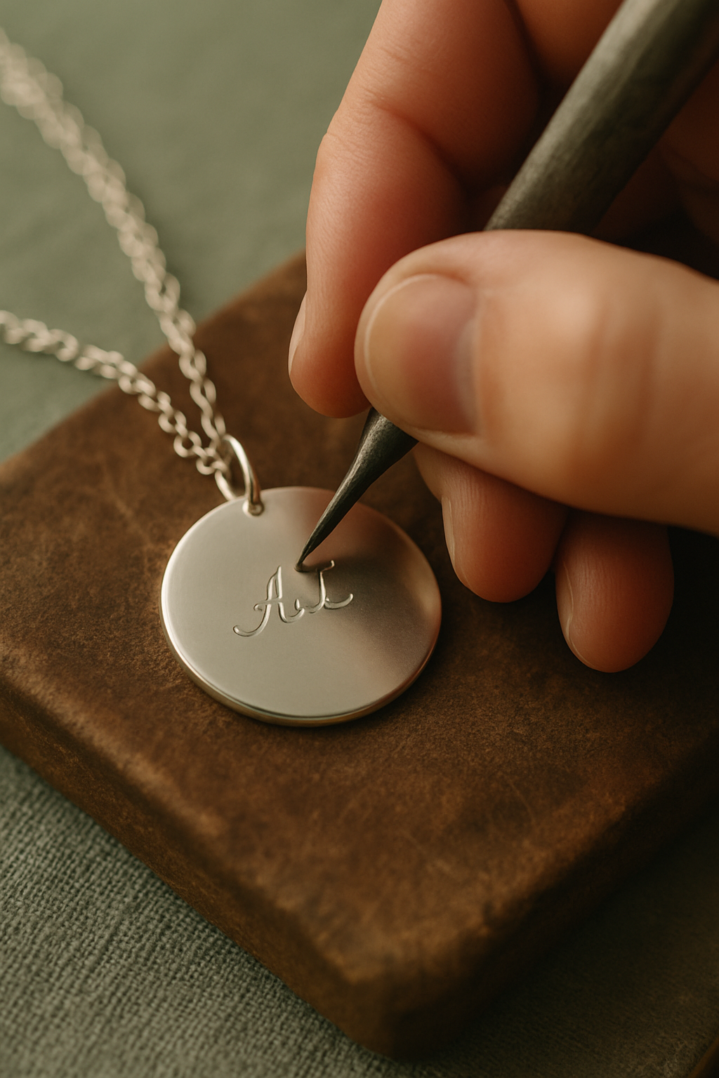 Close-up of a hand using a small engraving tool to inscribe initials onto a polished silver pendant