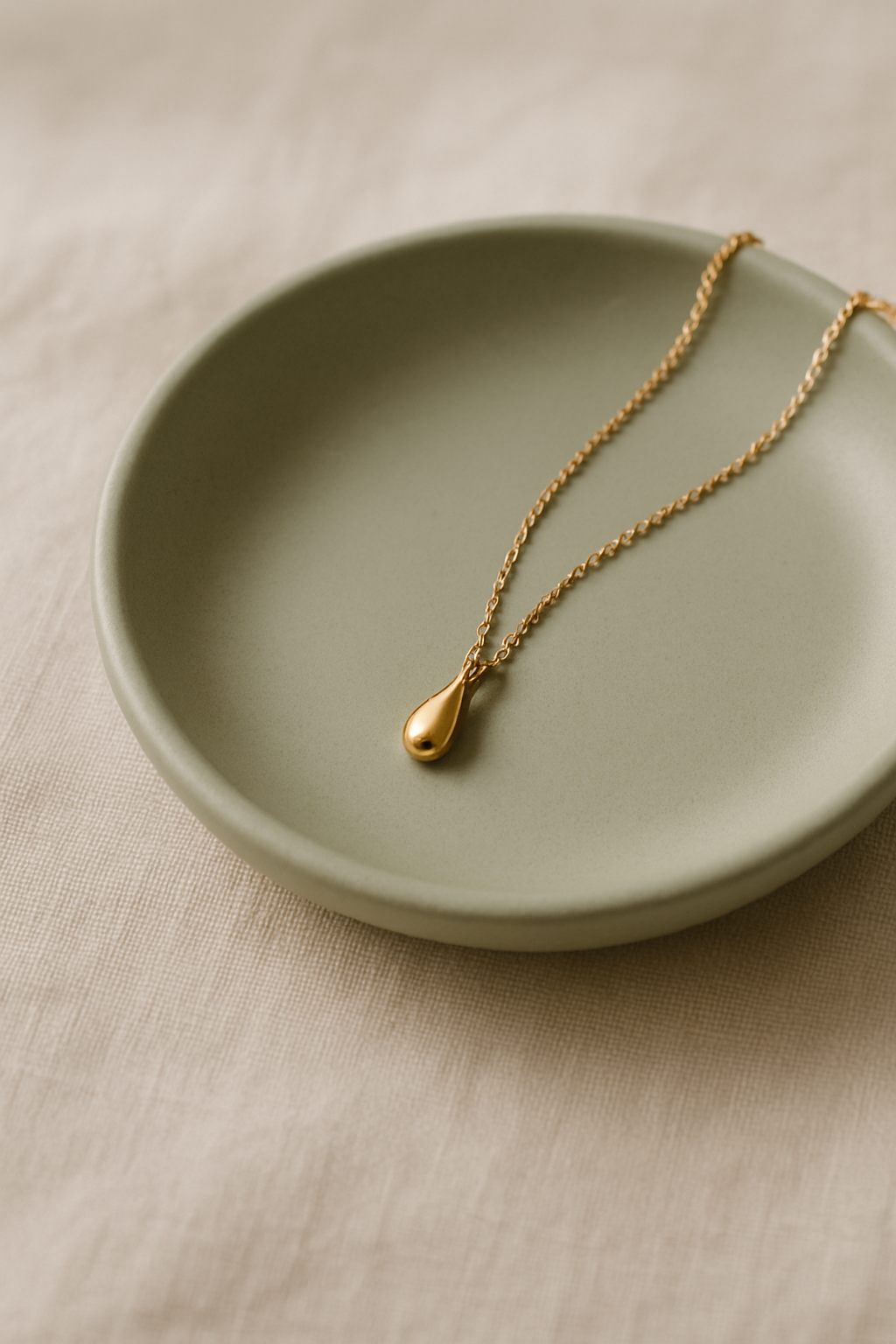 Delicate gold pendant necklace draped over a smooth ceramic dish in warm natural light