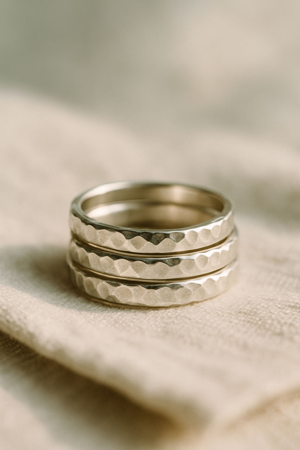 Stack of handmade silver rings with delicate textures arranged on a soft linen cloth