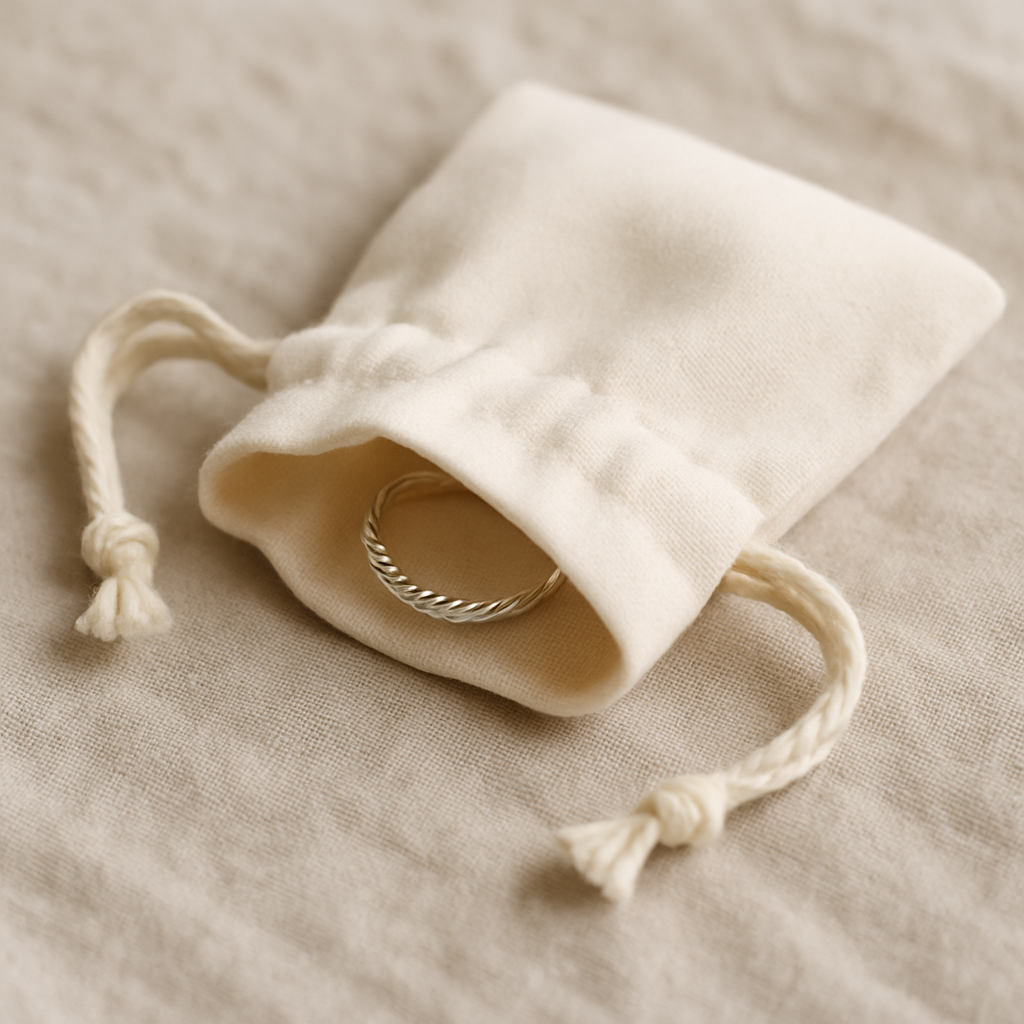 Cream cotton drawstring pouch holding a delicate silver ring, lit by soft natural window light