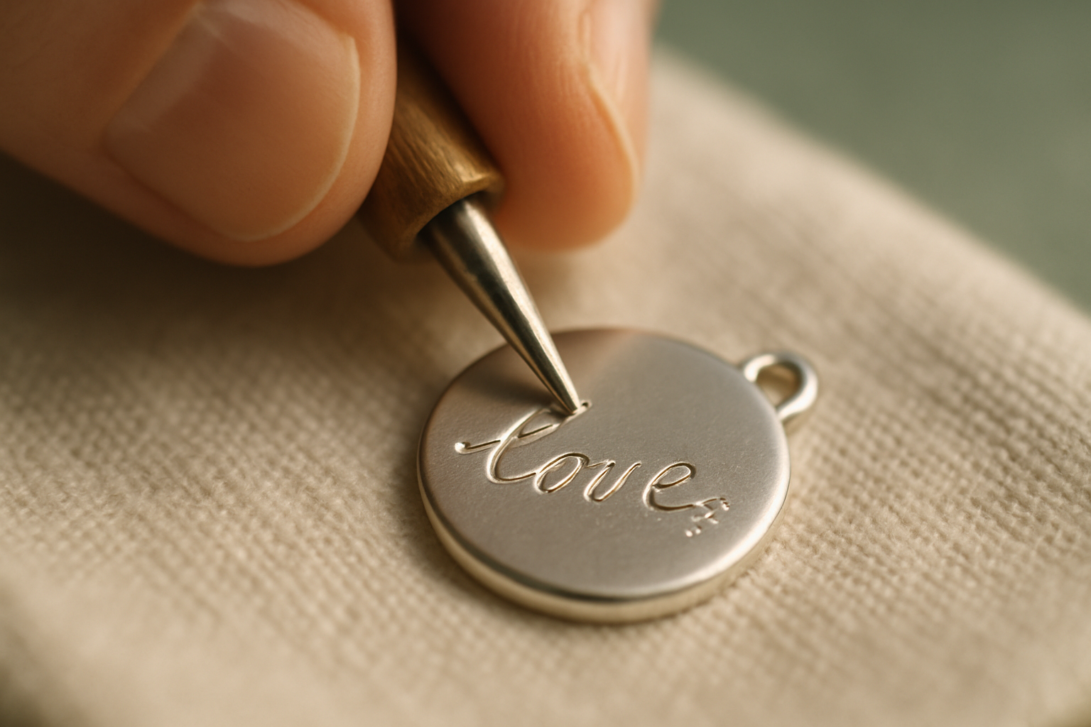 Close-up of a silver pendant being hand-engraved with delicate cursive lettering on a soft linen cloth