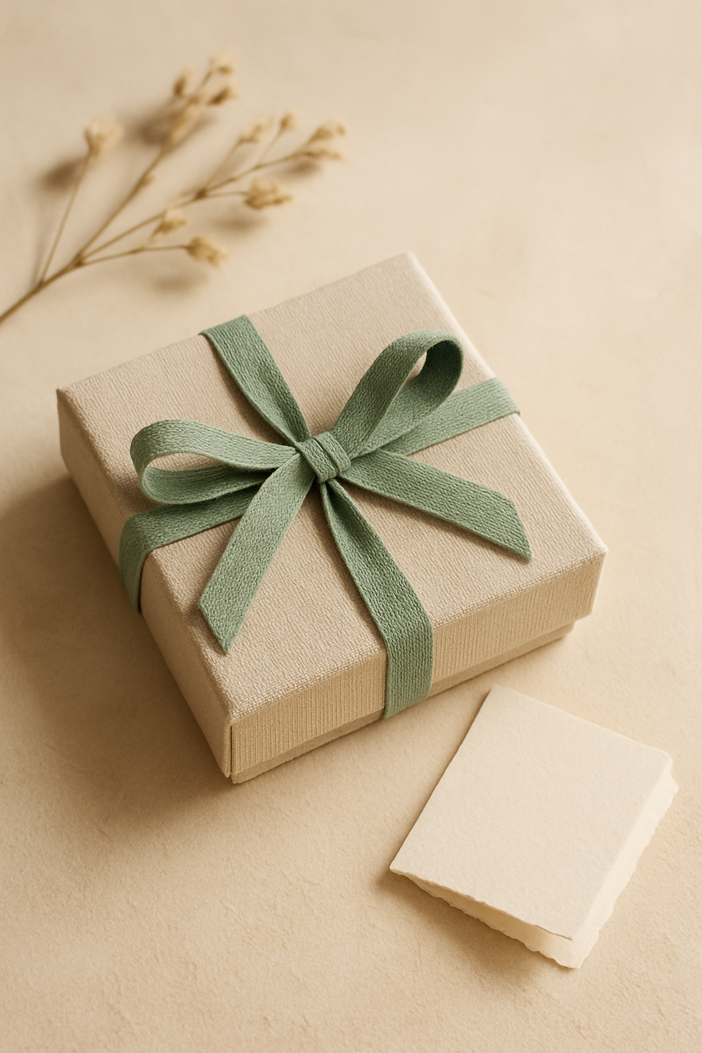 Linen-wrapped jewelry keepsake box tied with a sage green ribbon, surrounded by dried botanicals on a warm neutral surface