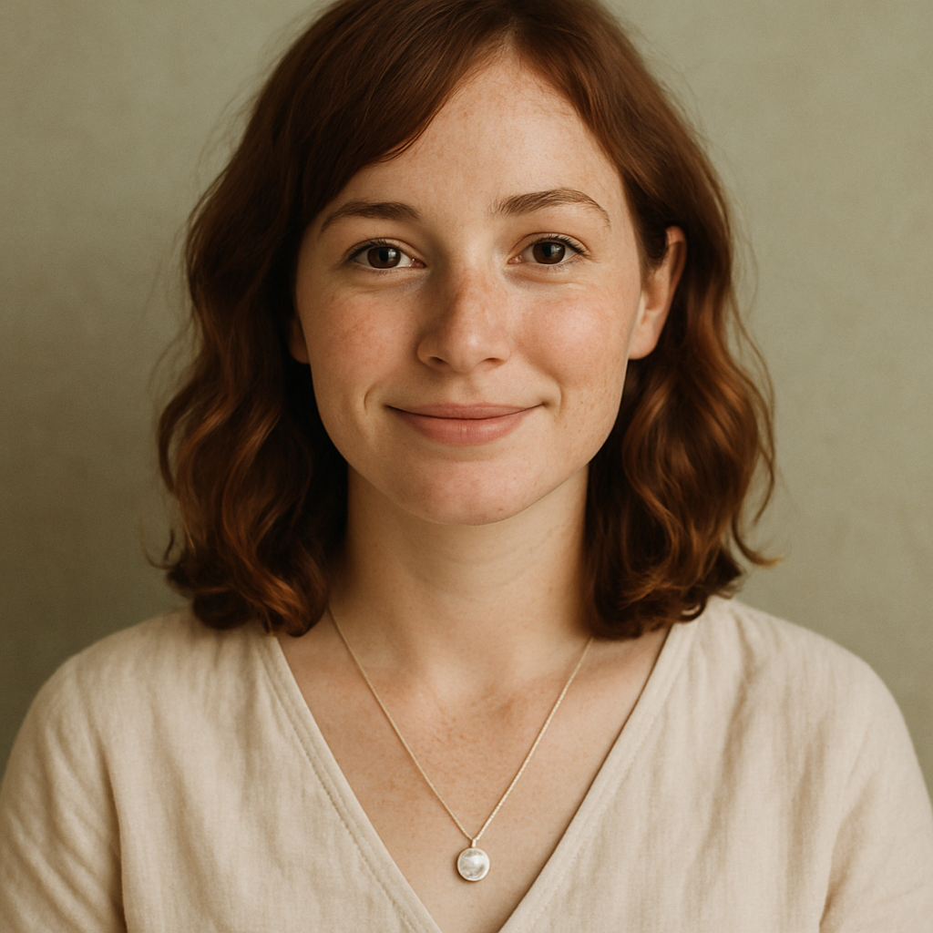 Portrait of Amelia R., a young woman with auburn wavy hair smiling softly