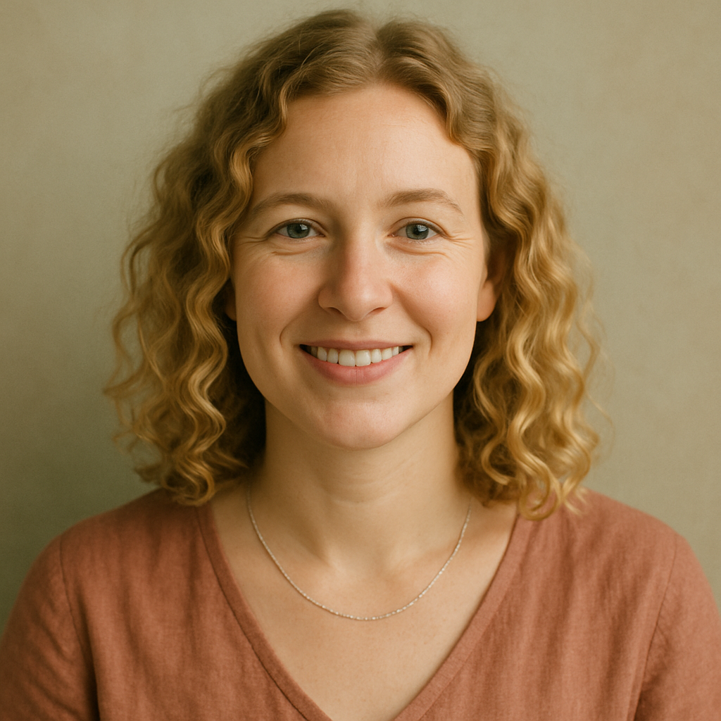Portrait of Elise B., a woman with blonde curly hair and a gentle smile