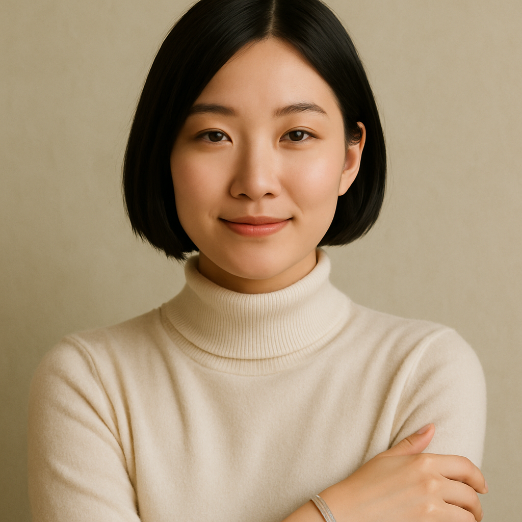 Portrait of Hana K., a woman with short black bob hair and minimal makeup