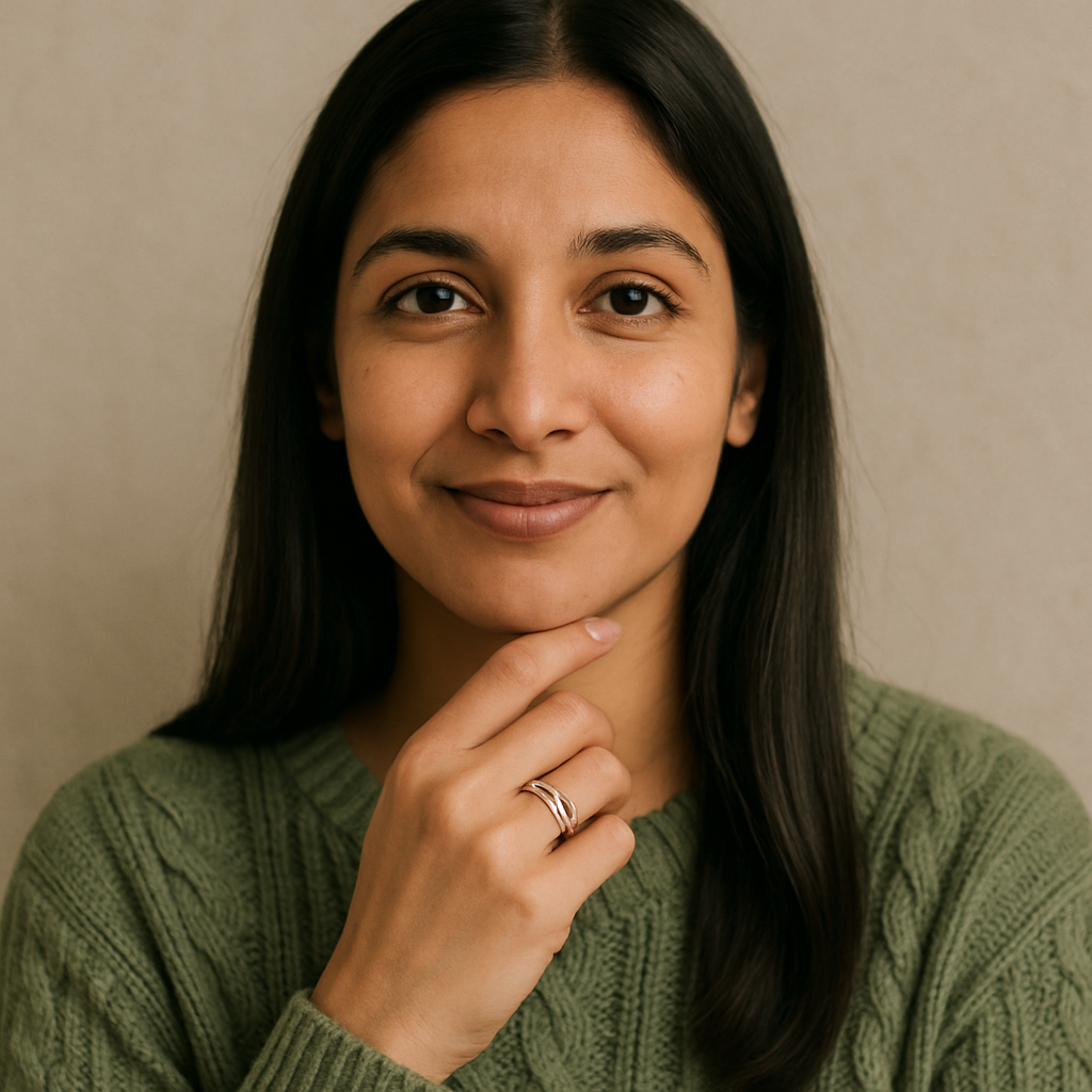 Portrait of Priya S., a woman with long dark hair and warm smile