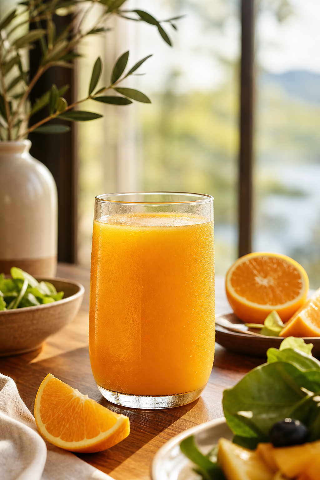 Bright glass of fresh natural juice on a clean breakfast table with soft morning light