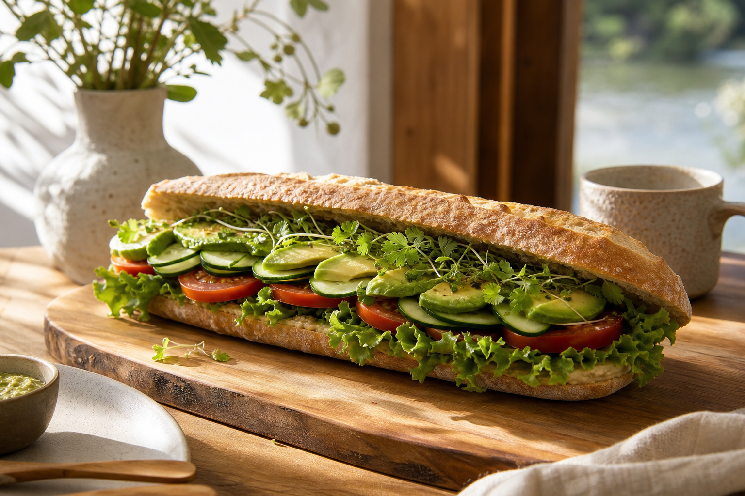 Long vegetarian sandwich filled with fresh lettuce, tomato, cucumber, and herbs on rustic bread