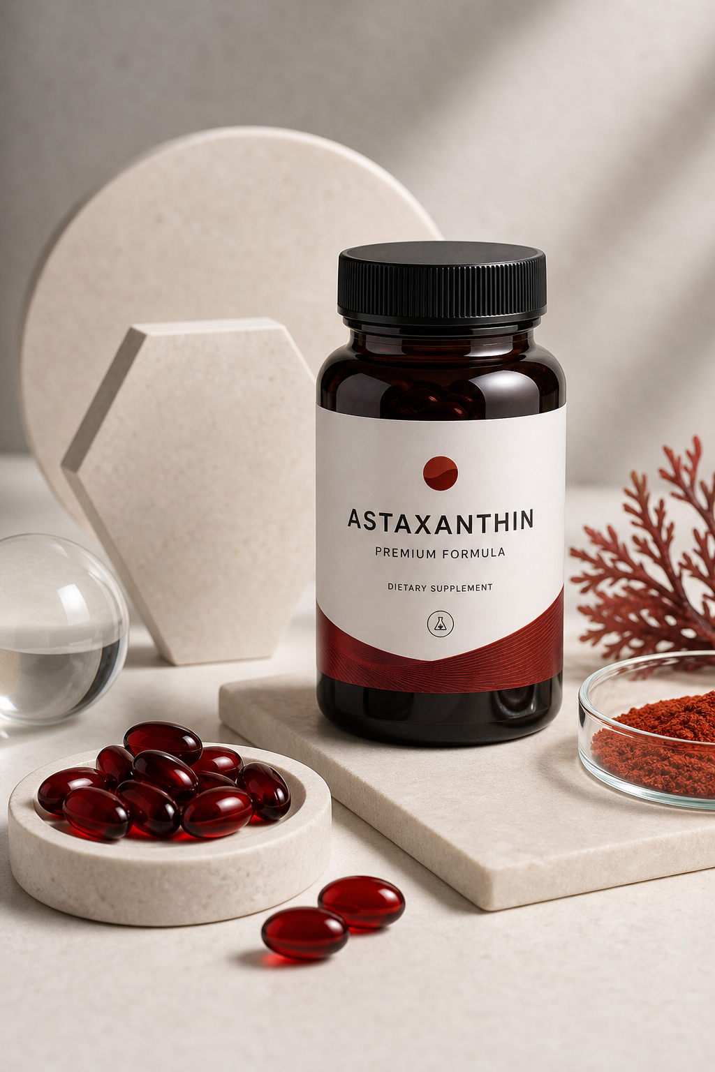 Refined supplement scene with a premium astaxanthin bottle beside clean capsule and ingredient-inspired geometric shapes on a minimal studio surface