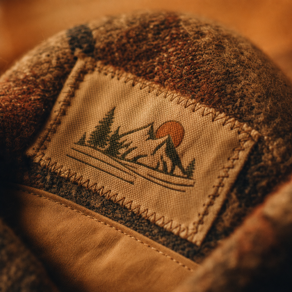 Close-up film-style photo of a textured vintage fabric label and stitching in warm amber light