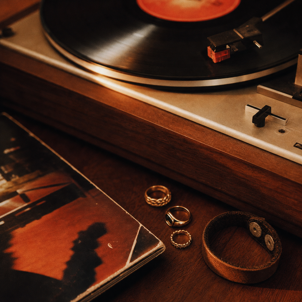 Close-up still life of a vintage record player, vinyl sleeve, and rings on a walnut table