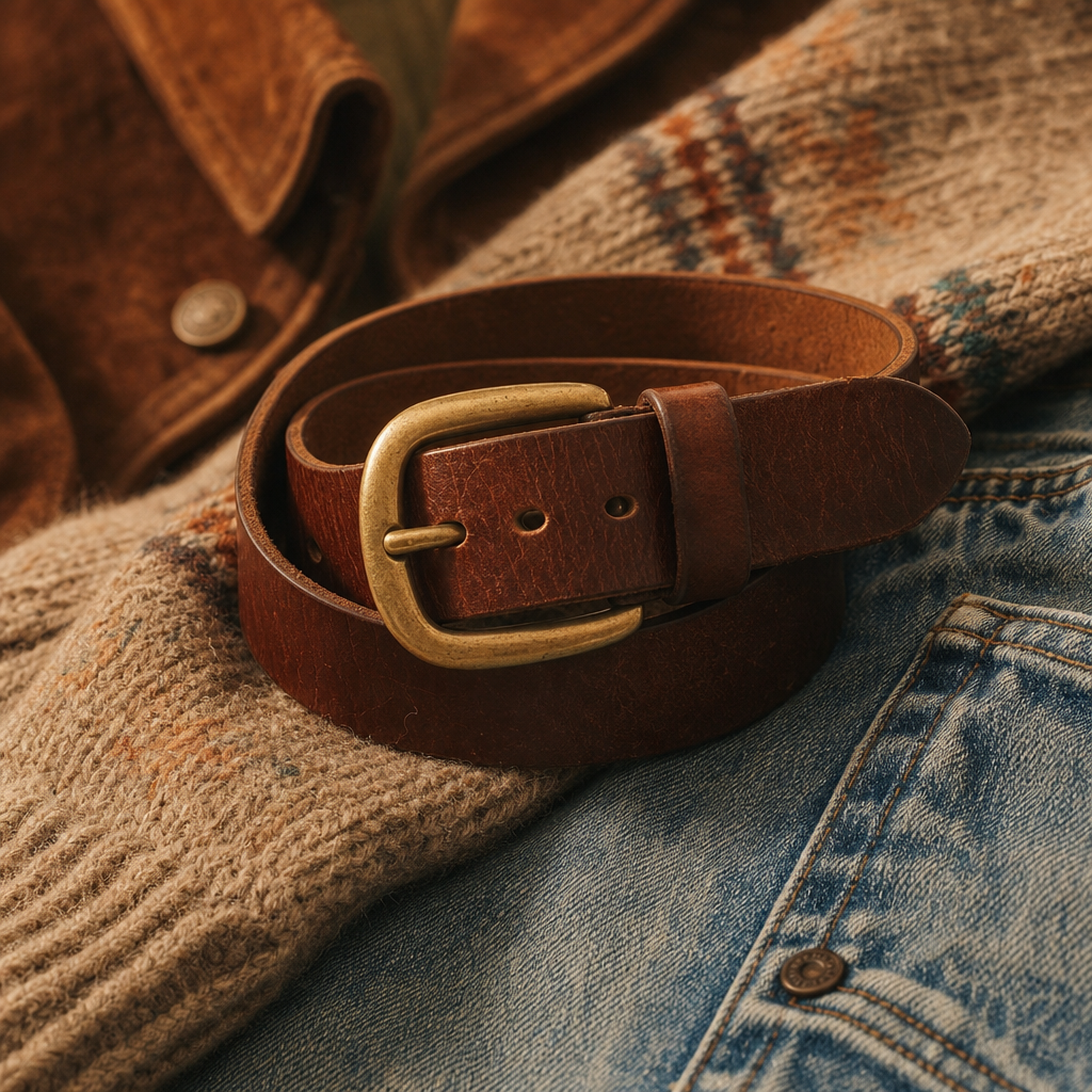 Close-up of a vintage leather belt, brass buckle, and textured knit fabric in warm earthy tones