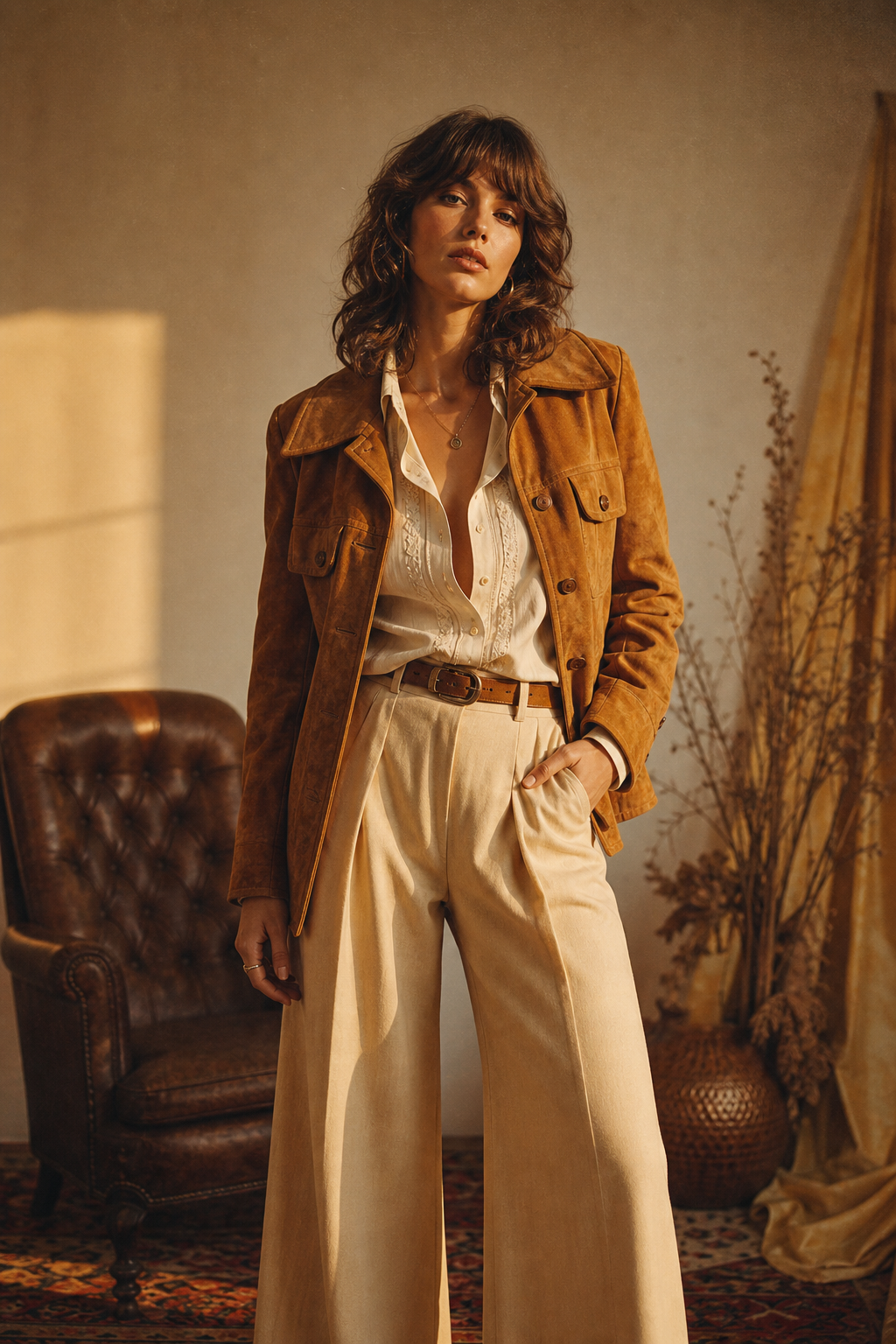 Editorial portrait of a model in a 70s suede jacket and wide-leg trousers, warm film light
