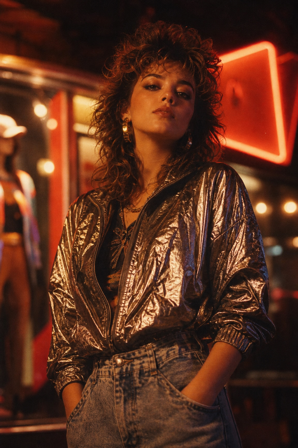 Portrait of a stylish woman in a metallic 80s jacket with soft film grain lighting