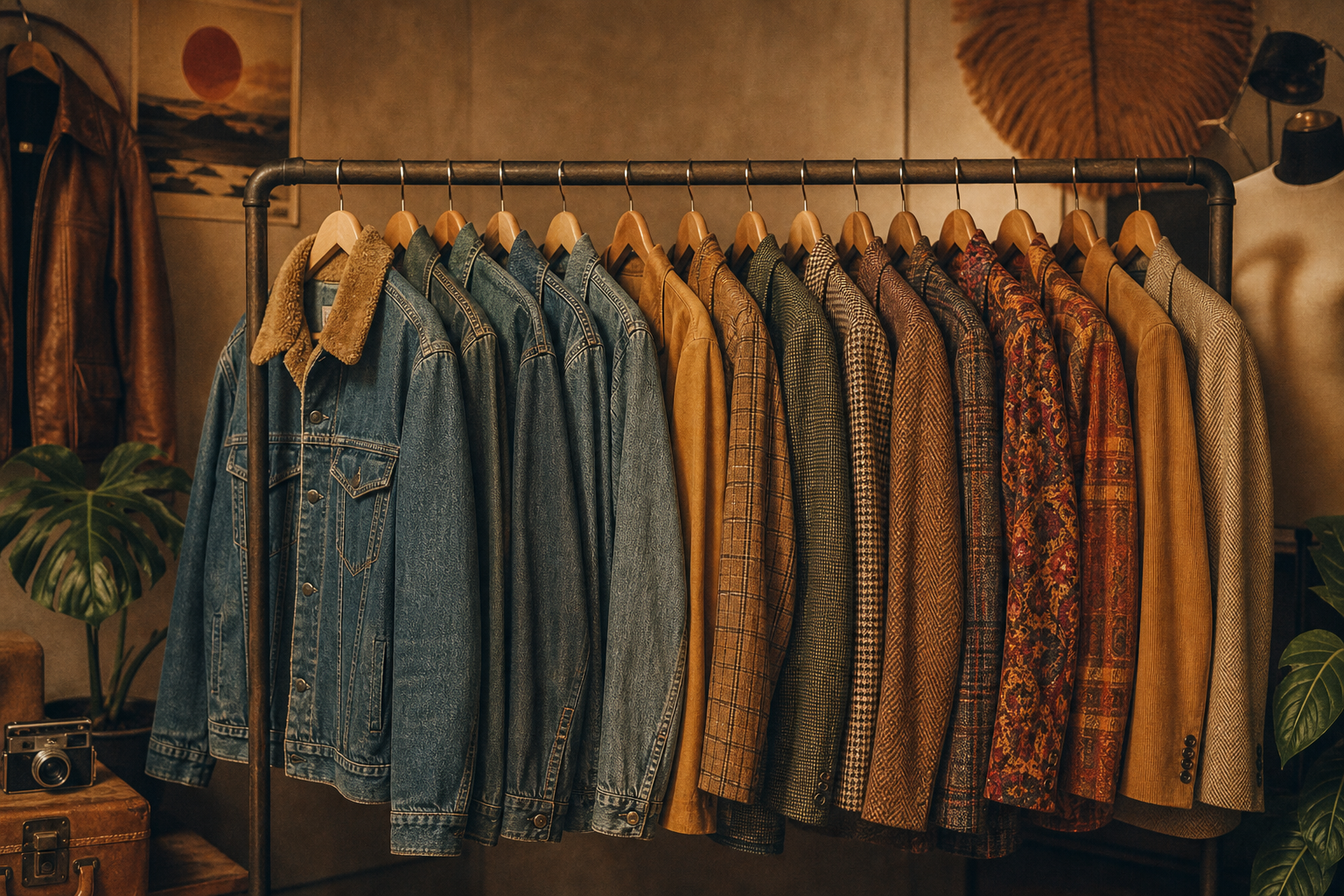 Warm film-style photo of a vintage clothing rack with 70s denim jackets and 80s patterned blazers in earthy tones