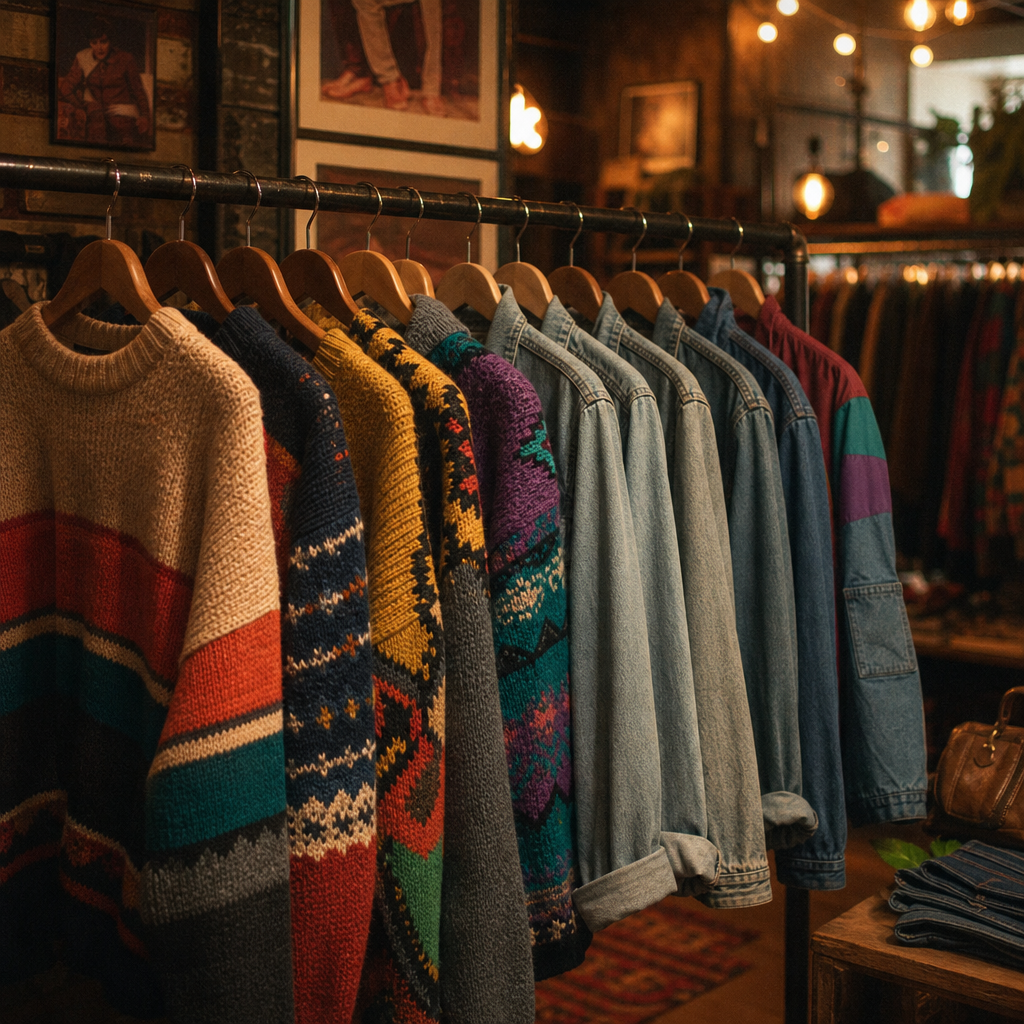 Clothing rack with colorful 70s knitwear and 80s denim jackets in warm boutique light