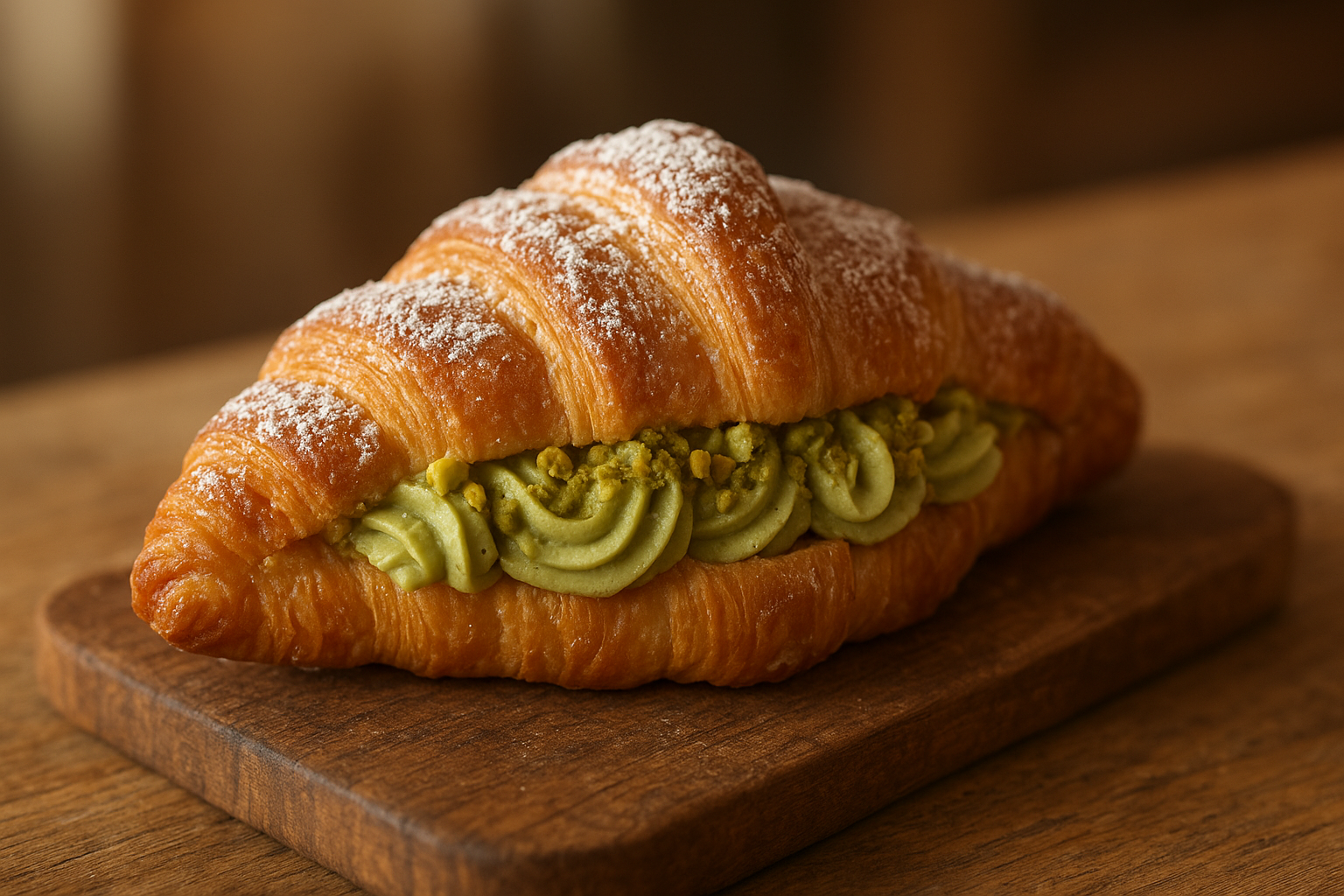 Golden artisan pistachio croissant with flaky laminated layers and pistachio cream filling on a rustic wooden board
