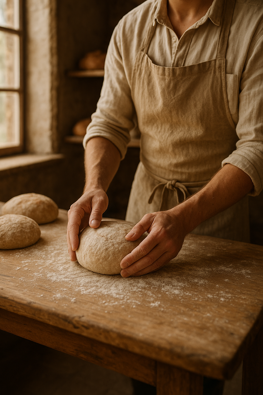 artisan baker shaping sourdough loaves on a flour-dusted wooden bench in warm morning light