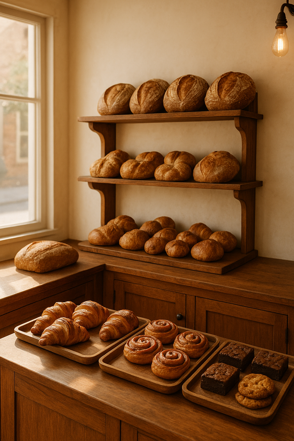 Warm artisan bakery interior with wooden shelves, fresh loaves, and soft morning light