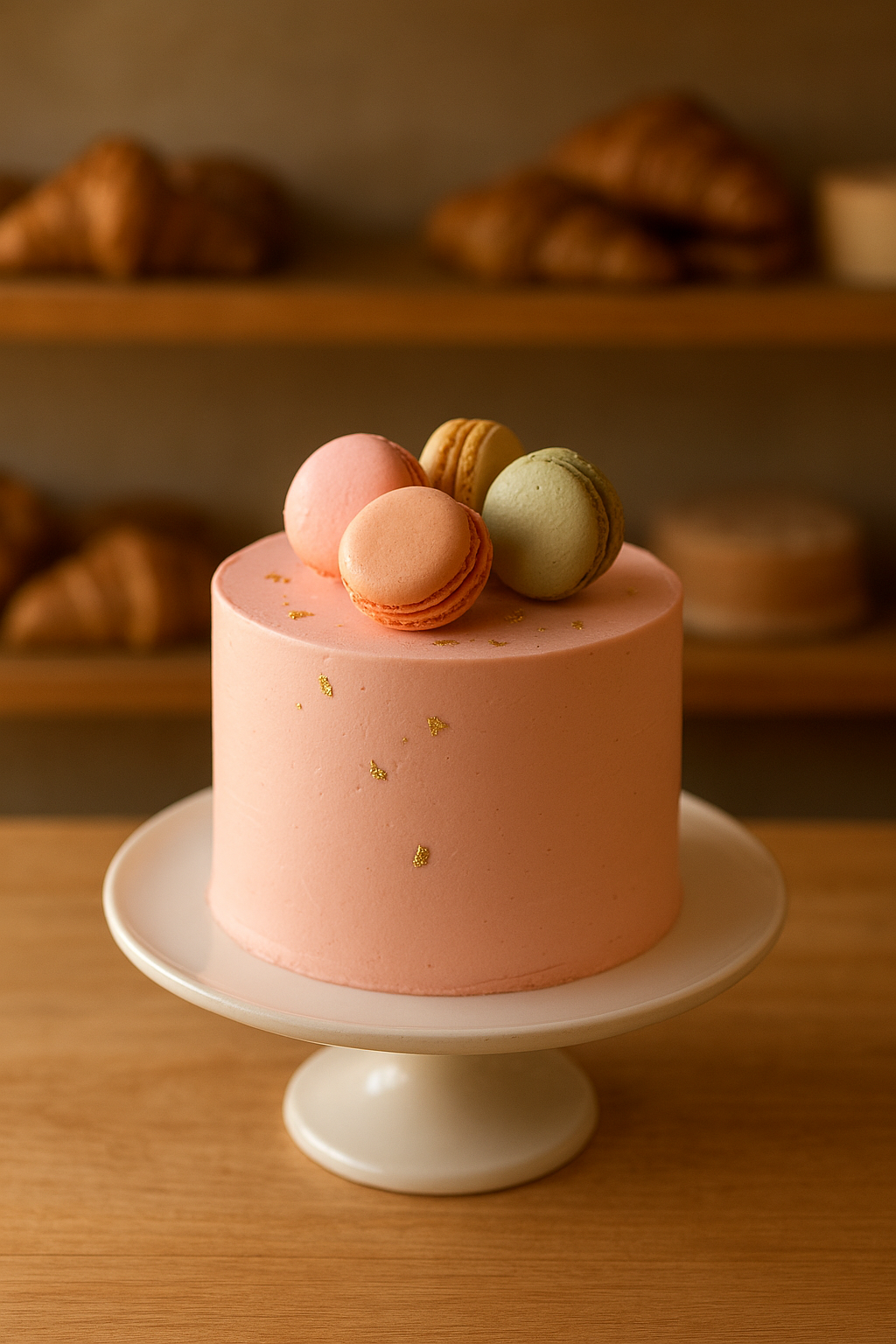Pastel pink birthday cake topped with colorful macarons, gold leaf details, and piped buttercream rosettes