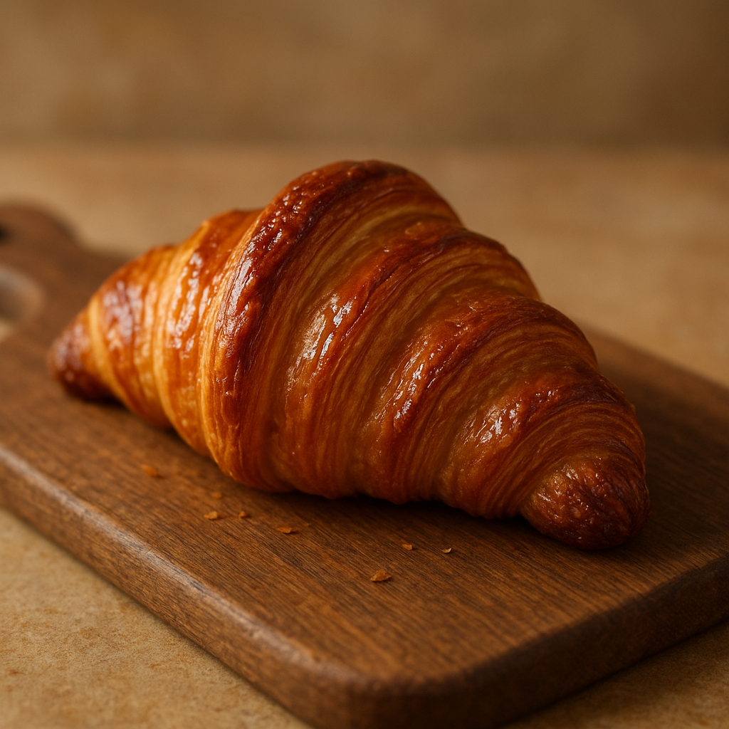Flaky buttery croissant with glossy layers on a warm wooden pastry board