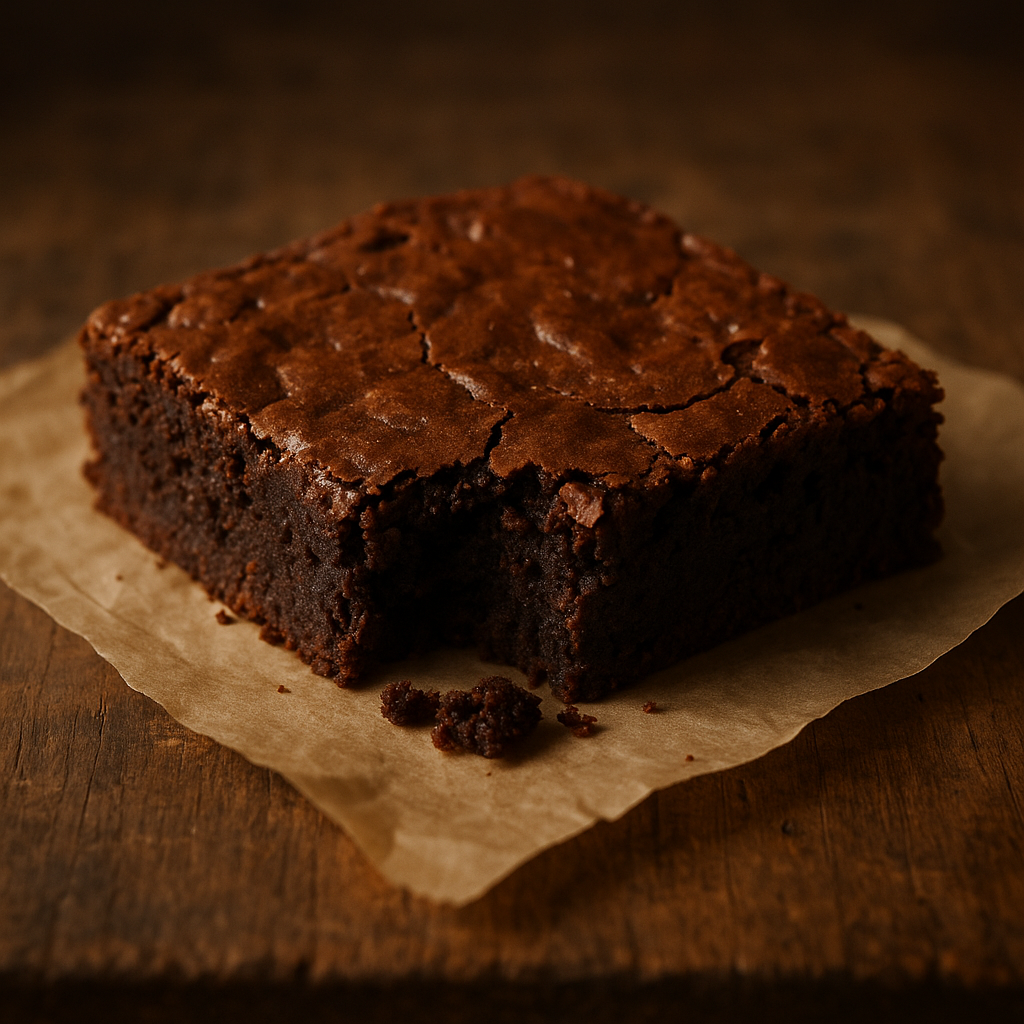 Dense dark chocolate brownie square with glossy top and rich fudgy center