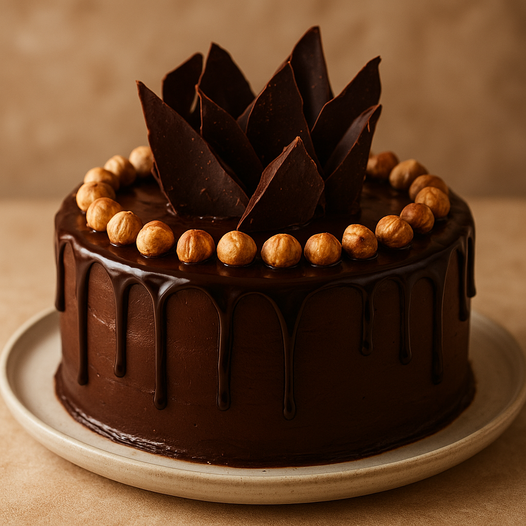 Rich dark chocolate celebration cake with glossy ganache drip, toasted hazelnuts, and chocolate shards