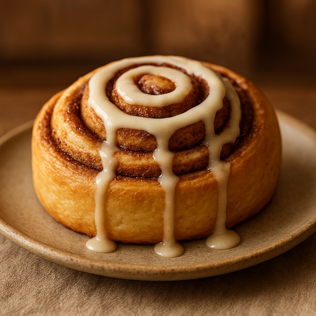 Spiral cinnamon roll with silky icing and cinnamon sugar glaze in soft bakery light