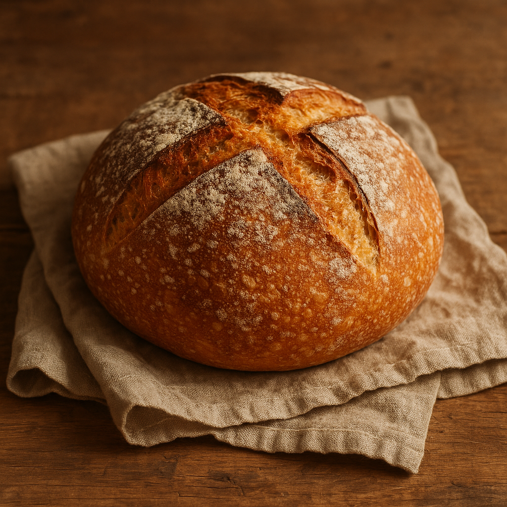 Round artisan sourdough loaf with a deep golden crust on rustic linen