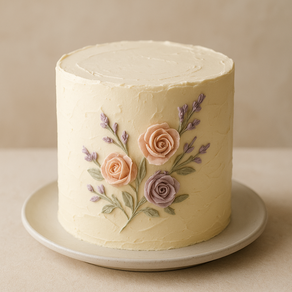 Ivory buttercream cake decorated with hand-piped blush and lavender flowers and subtle textured palette-knife finish