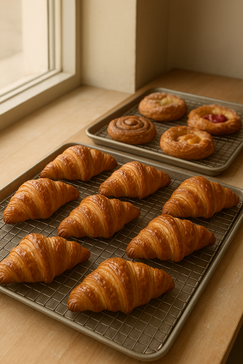 golden croissants and pastries arranged on cooling trays near a bakery window with soft natural light
