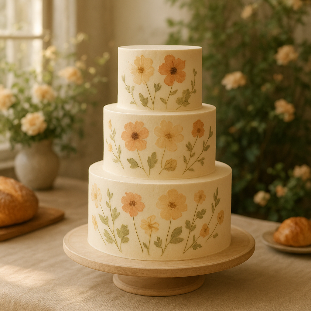 Three-tier vanilla wedding cake with pressed edible flowers in peach and cream tones set in soft natural light