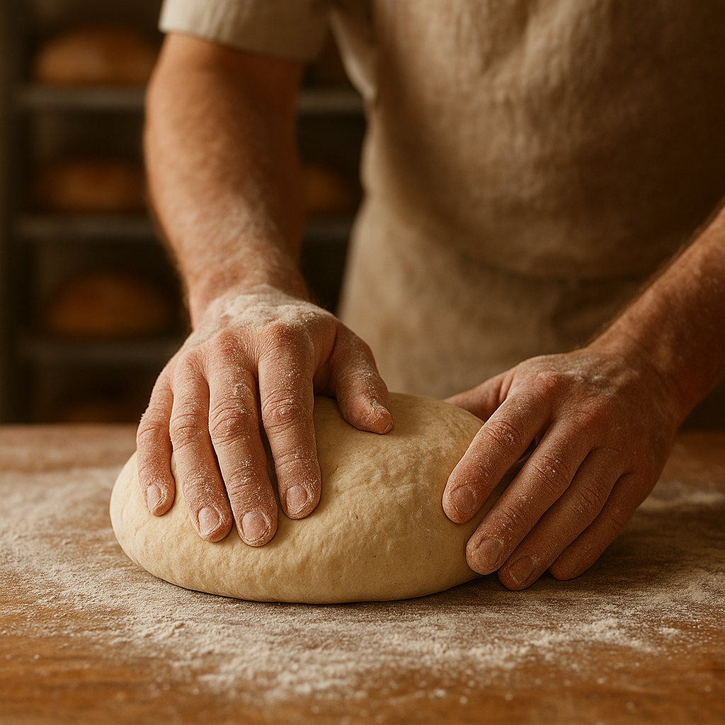 Baker hands kneading pale sourdough on a floured wooden workbench