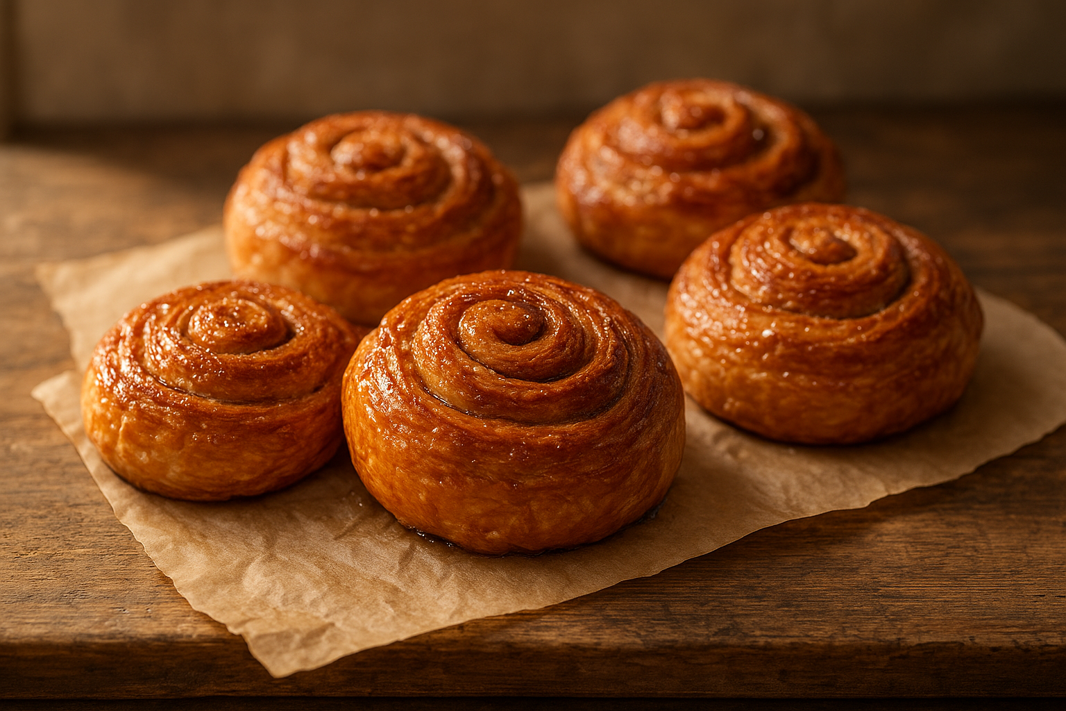 Golden morning buns with laminated swirls, cinnamon sugar glaze, and warm bakery lighting