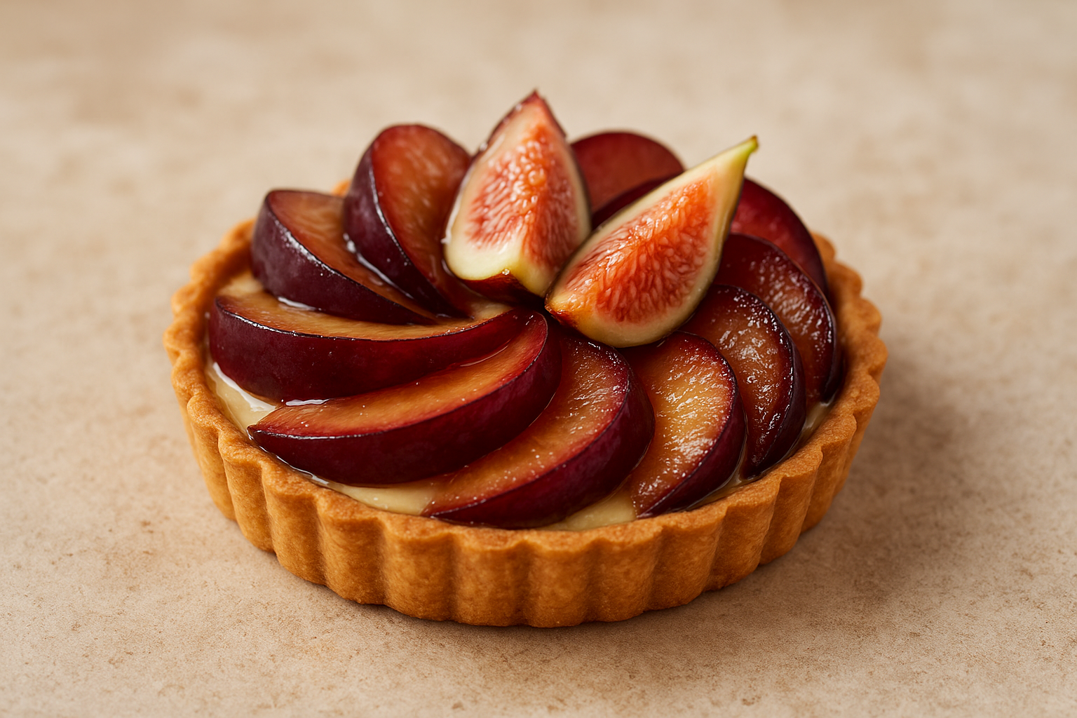 Rustic seasonal fruit tart topped with glazed figs, plums, and pastry cream