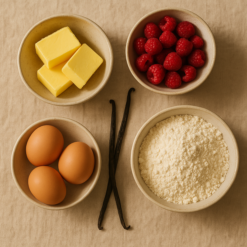 Selection of premium bakery ingredients including butter, berries, eggs, and flour in ceramic bowls