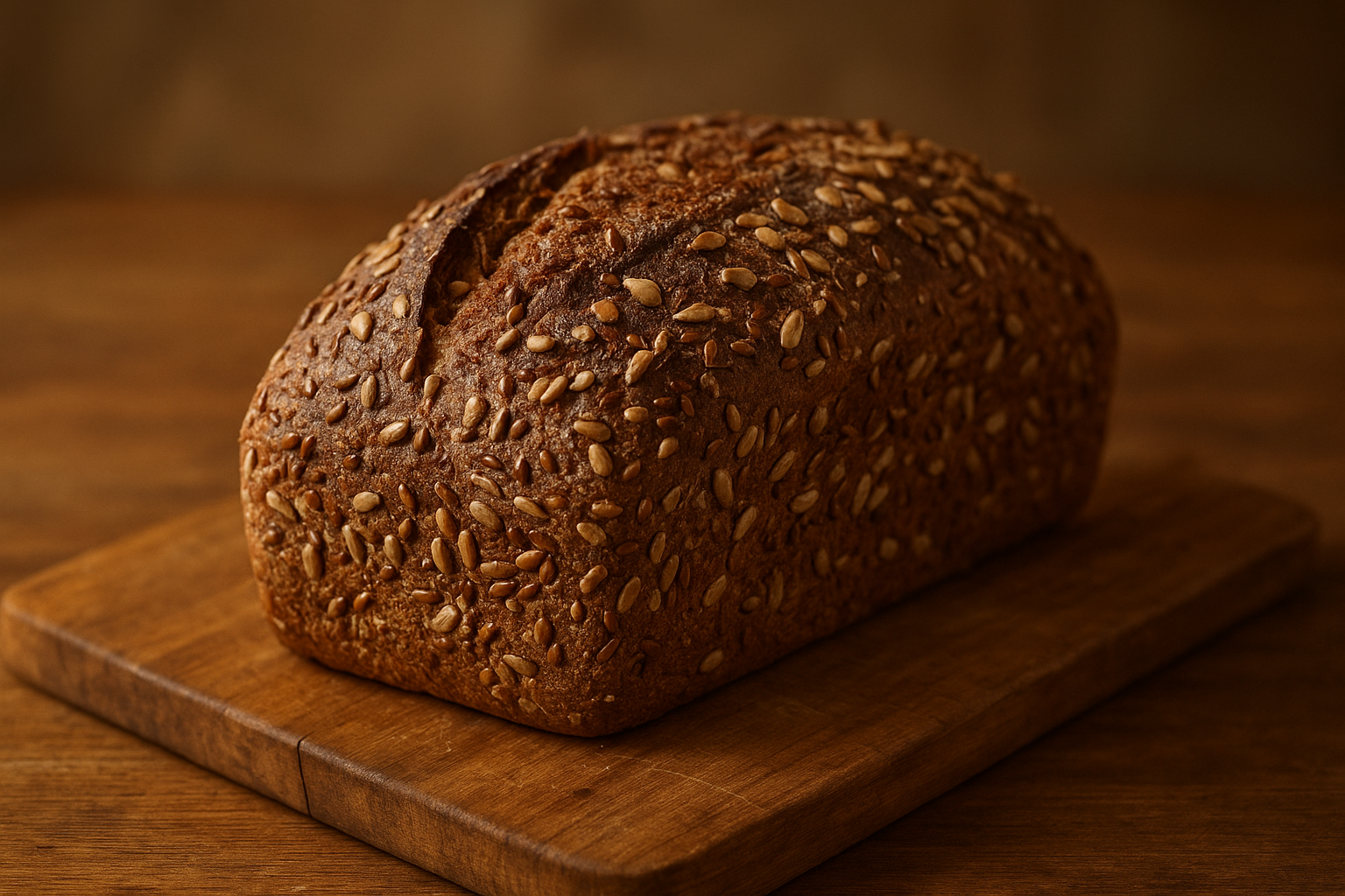 Dark seeded rye loaf with a crackled crust on a wooden bakery board