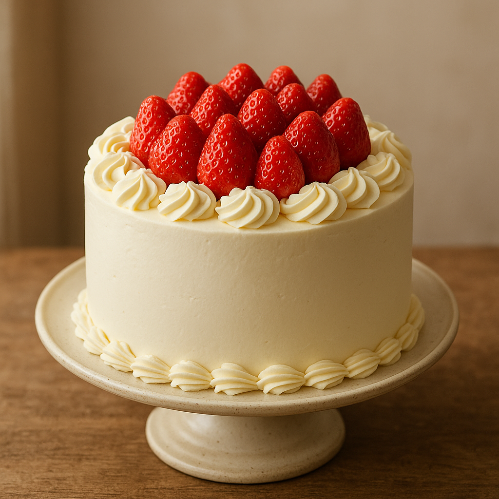 Elegant strawberry celebration cake with fresh berries and whipped cream rosettes