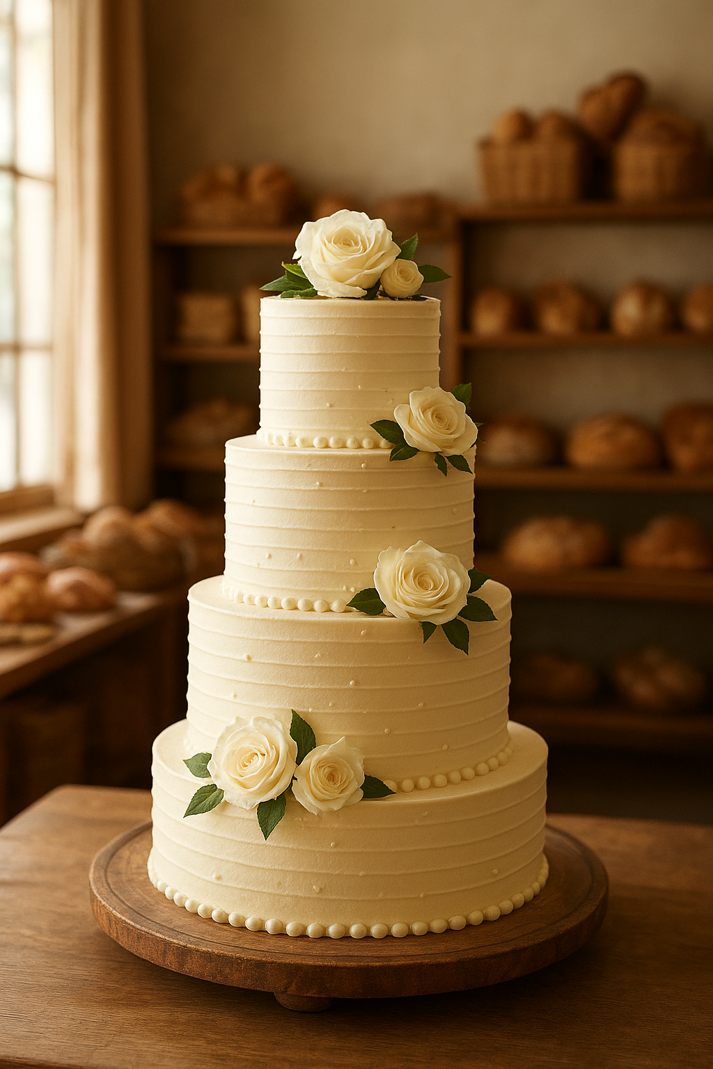 Four-tier ivory wedding cake with delicate piped texture, pearl accents, and fresh white roses on a wooden cake stand